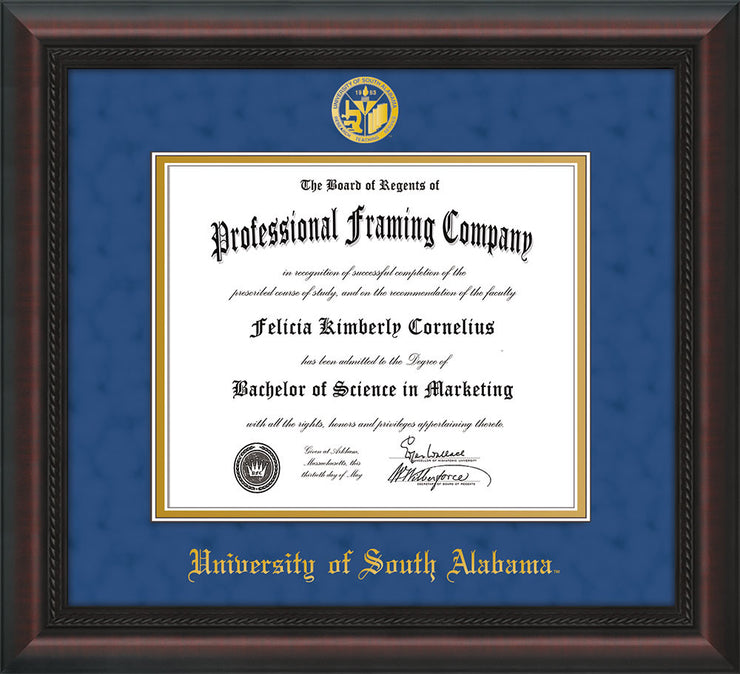 Image of University of South Alabama Diploma Frame - Mahogany Braid - w/USA Embossed Seal & Name - Royal Blue Suede on Gold mats