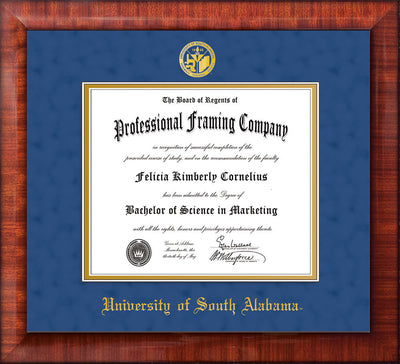 Image of University of South Alabama Diploma Frame - Mezzo Gloss - w/USA Embossed Seal & Name - Royal Blue Suede on Gold mats
