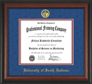 Image of University of South Alabama Diploma Frame - Rosewood - w/USA Embossed Seal & Name - Royal Blue Suede on Crimson mats