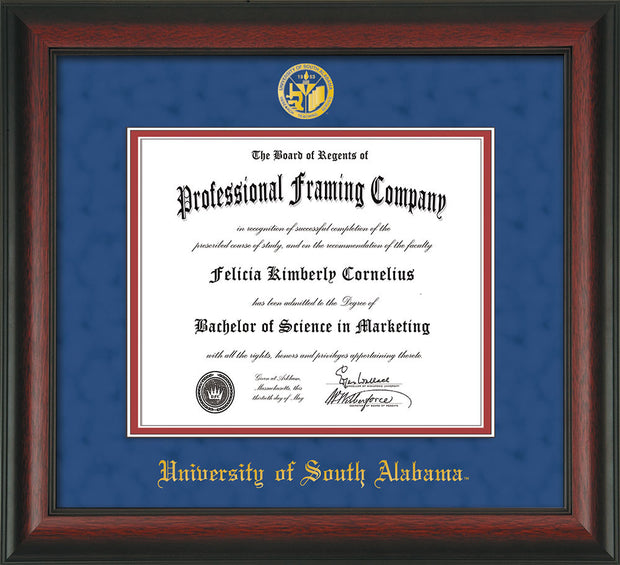 Image of University of South Alabama Diploma Frame - Rosewood - w/USA Embossed Seal & Name - Royal Blue Suede on Crimson mats
