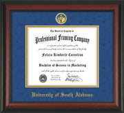 Image of University of South Alabama Diploma Frame - Rosewood - w/USA Embossed Seal & Name - Royal Blue Suede on Gold mats