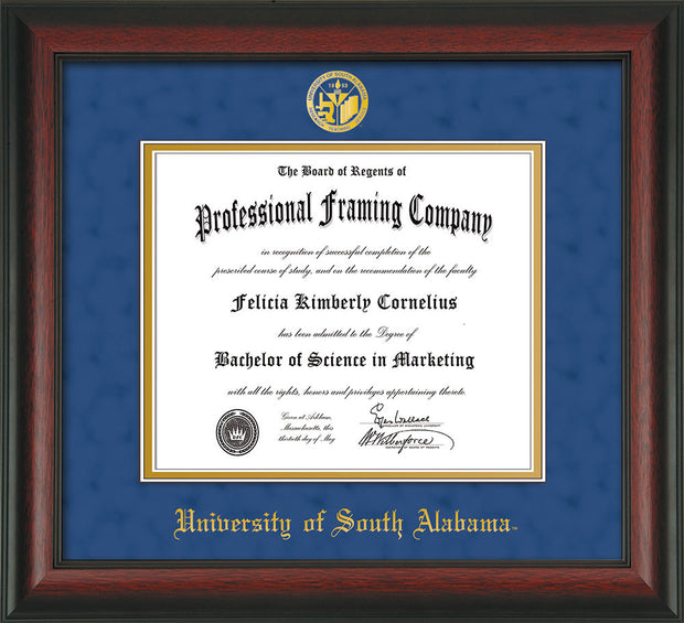 Image of University of South Alabama Diploma Frame - Rosewood - w/USA Embossed Seal & Name - Royal Blue Suede on Gold mats