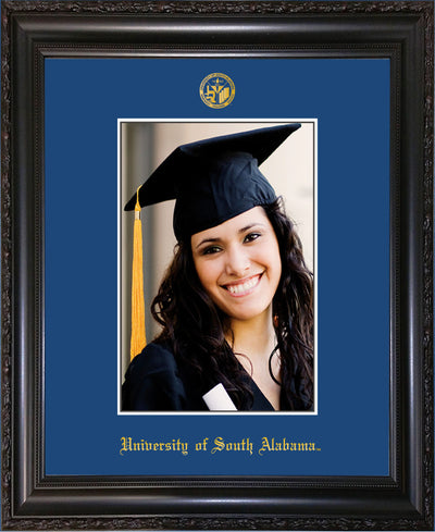 Image of University of South Alabama - 5 x 7 Photo Frame - Vintage Black Scoop - w/Official Embossing of USA Seal & Name - Single Royal Blue mat