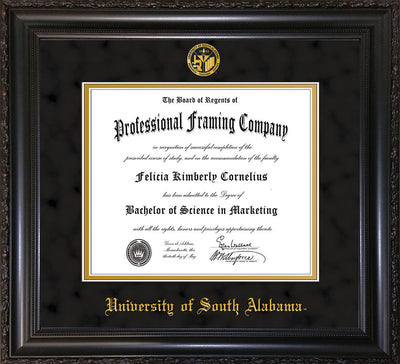 Image of University of South Alabama Diploma Frame - Vintage Black Scoop - w/USA Embossed Seal & Name - Black Suede on Gold mats