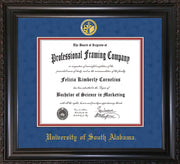 Image of University of South Alabama Diploma Frame - Vintage Black Scoop - w/USA Embossed Seal & Name - Royal Blue Suede on Crimson mats