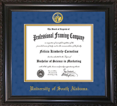 Image of University of South Alabama Diploma Frame - Vintage Black Scoop - w/USA Embossed Seal & Name - Royal Blue Suede on Gold mats