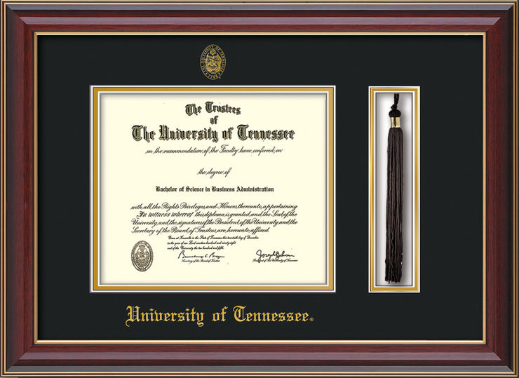 Image of University of Tennessee Diploma Frame - Cherry Lacquer - w/Embossed UTK Seal & Name - Tassel Holder - Black on Gold Mat