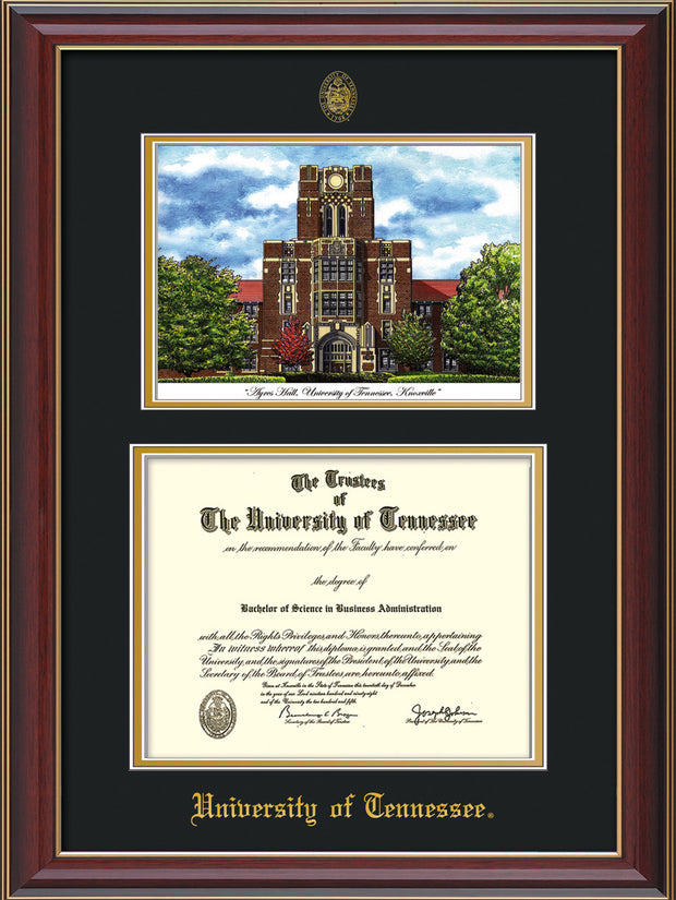 Image of University of Tennessee Diploma Frame - Cherry Lacquer - w/Embossed UTK Seal & Name - Campus Watercolor - Black on Gold mat
