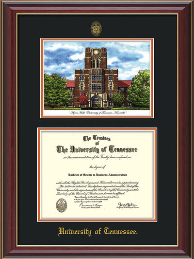 Image of University of Tennessee Diploma Frame - Cherry Lacquer - w/Embossed UTK Seal & Name - Campus Watercolor - Black on Orange mat