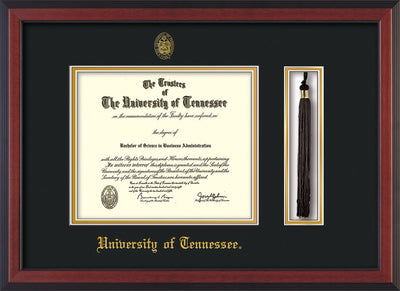 Image of University of Tennessee Diploma Frame - Cherry Reverse - w/Embossed UTK Seal & Name - Tassel Holder - Black on Gold Mat