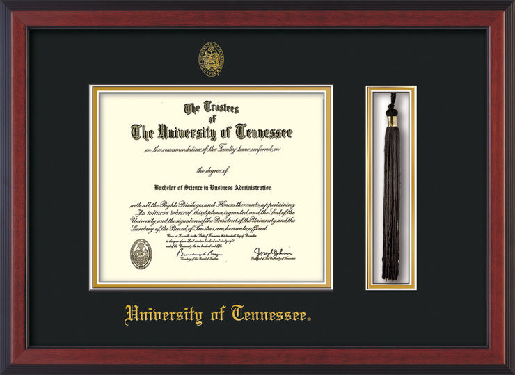 Image of University of Tennessee Diploma Frame - Cherry Reverse - w/Embossed UTK Seal & Name - Tassel Holder - Black on Gold Mat