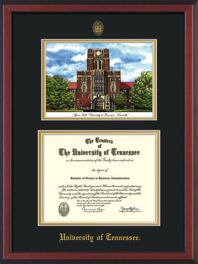 Image of University of Tennessee Diploma Frame - Cherry Reverse - w/Embossed UTK Seal & Name - Campus Watercolor - Black on Gold mat