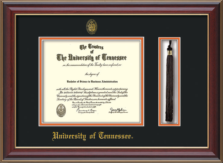Image of University of Tennessee Diploma Frame - Cherry Lacquer - w/Embossed UTK Seal & Name - Tassel Holder - Black on Orange Mat