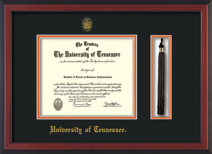 Image of University of Tennessee Diploma Frame - Cherry Reverse - w/Embossed UTK Seal & Name - Tassel Holder - Black on Orange Mat