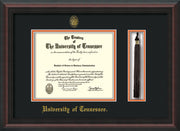 Image of University of Tennessee Diploma Frame - Mahogany Braid - w/Embossed UTK Seal & Name - Tassel Holder - Black on Orange Mat