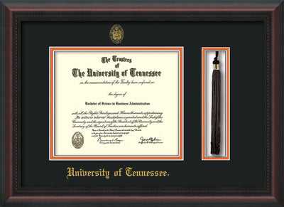 Image of University of Tennessee Diploma Frame - Mahogany Braid - w/Embossed UTK Seal & Name - Tassel Holder - Black on Orange Mat