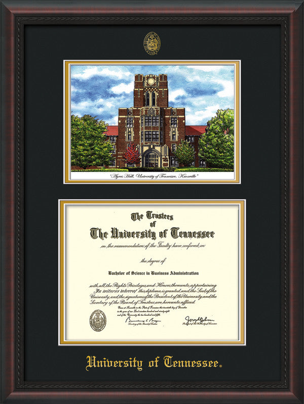 Image of University of Tennessee Diploma Frame - Mahogany Braid - w/Embossed UTK Seal & Name - Campus Watercolor - Black on Gold mat