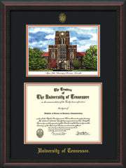 Image of University of Tennessee Diploma Frame - Mahogany Braid - w/Embossed UTK Seal & Name - Campus Watercolor - Black on Orange mat