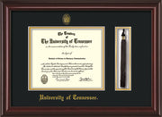 Image of University of Tennessee Diploma Frame - Mahogany Lacquer - w/Embossed UTK Seal & Name - Tassel Holder - Black on Gold Mat