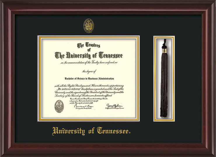 Image of University of Tennessee Diploma Frame - Mahogany Lacquer - w/Embossed UTK Seal & Name - Tassel Holder - Black on Gold Mat