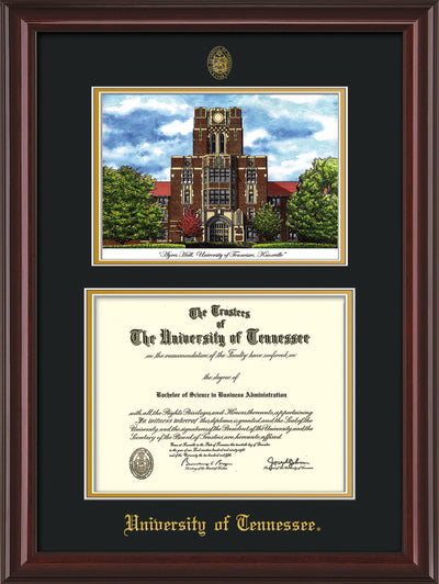 Image of University of Tennessee Diploma Frame - Mahogany Lacquer - w/Embossed UTK Seal & Name - Campus Watercolor - Black on Gold mat