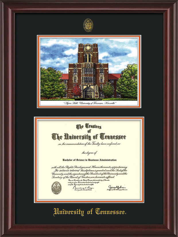 Image of University of Tennessee Diploma Frame - Mahogany Lacquer - w/Embossed UTK Seal & Name - Campus Watercolor - Black on Orange mat