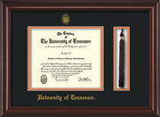 Image of University of Tennessee Diploma Frame - Mahogany Lacquer - w/Embossed UTK Seal & Name - Tassel Holder - Black on Orange Mat