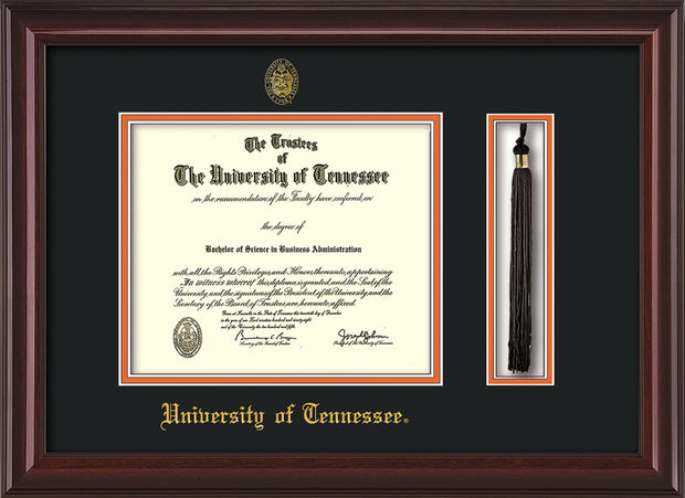 Image of University of Tennessee Diploma Frame - Mahogany Lacquer - w/Embossed UTK Seal & Name - Tassel Holder - Black on Orange Mat