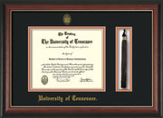 Image of University of Tennessee Diploma Frame - Rosewood w/Gold Lip - w/Embossed UTK Seal & Name - Tassel Holder - Black on Orange Mat