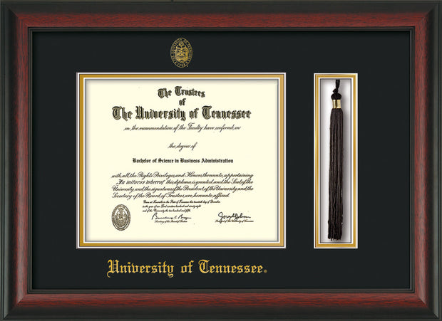 Image of University of Tennessee Diploma Frame - Rosewood - w/Embossed UTK Seal & Name - Tassel Holder - Black on Gold Mat