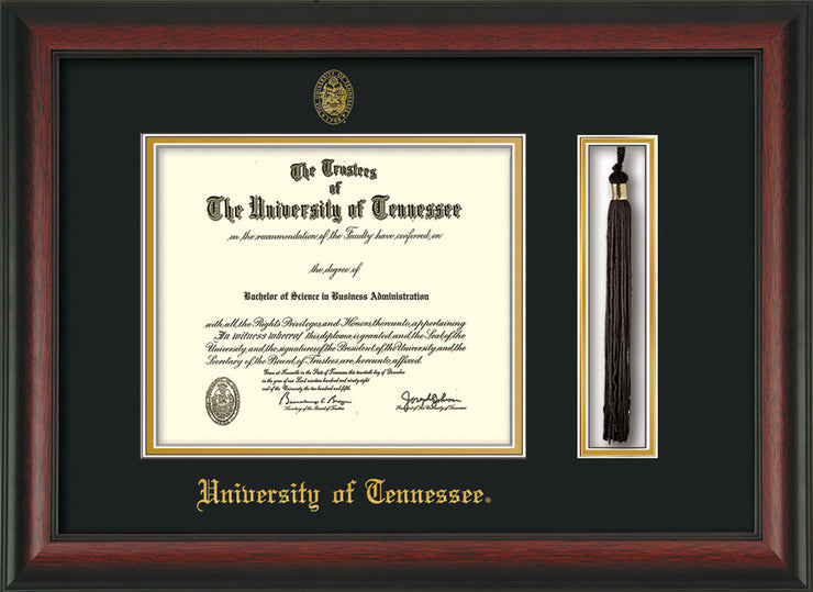 Image of University of Tennessee Diploma Frame - Rosewood - w/Embossed UTK Seal & Name - Tassel Holder - Black on Gold Mat