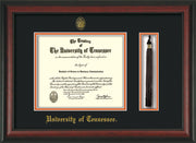 Image of University of Tennessee Diploma Frame - Rosewood - w/Embossed UTK Seal & Name - Tassel Holder - Black on Orange Mat