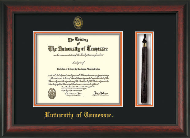 Image of University of Tennessee Diploma Frame - Rosewood - w/Embossed UTK Seal & Name - Tassel Holder - Black on Orange Mat