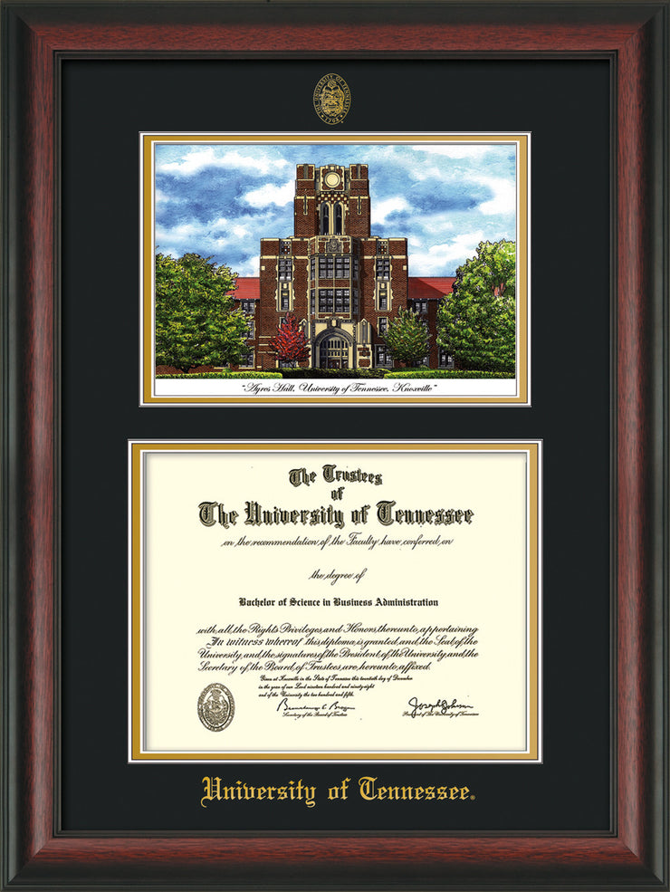 Image of University of Tennessee Diploma Frame - Rosewood - w/Embossed UTK Seal & Name - Campus Watercolor - Black on Gold mat