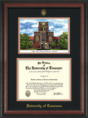 Image of University of Tennessee Diploma Frame - Rosewood - w/Embossed UTK Seal & Name - Campus Watercolor - Black on Orange mat