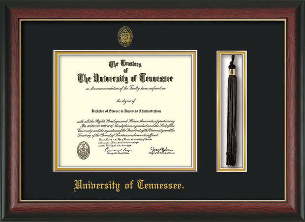 Image of University of Tennessee Diploma Frame - Rosewood w/Gold Lip - w/Embossed UTK Seal & Name - Tassel Holder - Black on Gold Mat