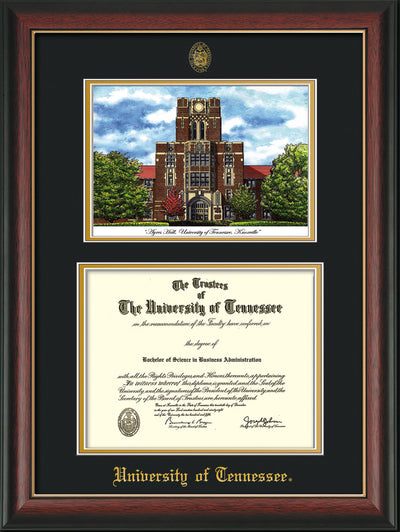 Image of University of Tennessee Diploma Frame - Rosewood w/Gold Lip - w/Embossed UTK Seal & Name - Campus Watercolor - Black on Gold mat