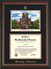 Image of University of Tennessee Diploma Frame - Rosewood w/Gold Lip - w/Embossed UTK Seal & Name - Campus Watercolor - Black on Orange mat