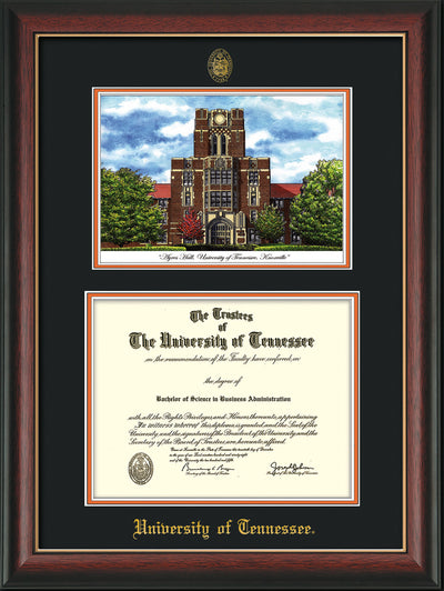 Image of University of Tennessee Diploma Frame - Rosewood w/Gold Lip - w/Embossed UTK Seal & Name - Campus Watercolor - Black on Orange mat