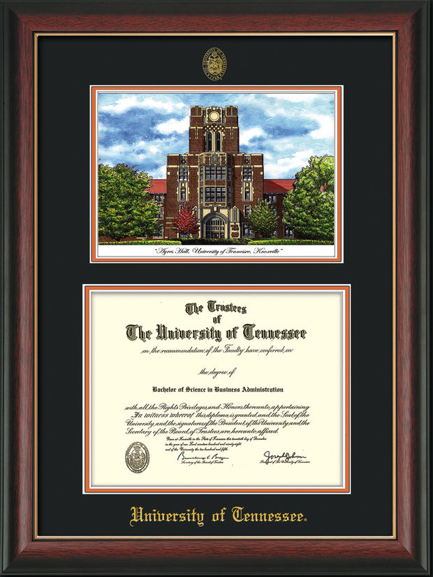 Image of University of Tennessee Diploma Frame - Rosewood w/Gold Lip - w/Embossed UTK Seal & Name - Campus Watercolor - Black on Orange mat