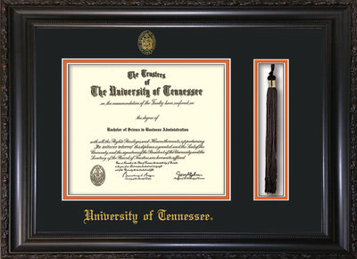 Image of University of Tennessee Diploma Frame - Vintage Black Scoop - w/Embossed UTK Seal & Name - Tassel Holder - Black on Orange Mat