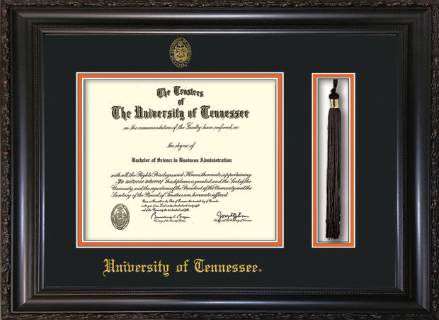 Image of University of Tennessee Diploma Frame - Vintage Black Scoop - w/Embossed UTK Seal & Name - Tassel Holder - Black on Orange Mat