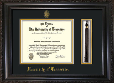 Image of University of Tennessee Diploma Frame - Vintage Black Scoop - w/Embossed UTK Seal & Name - Tassel Holder - Black on Gold Mat