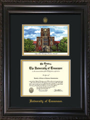 Image of University of Tennessee Diploma Frame - Vintage Black Scoop - w/Embossed UTK Seal & Name - Campus Watercolor - Black on Gold mat