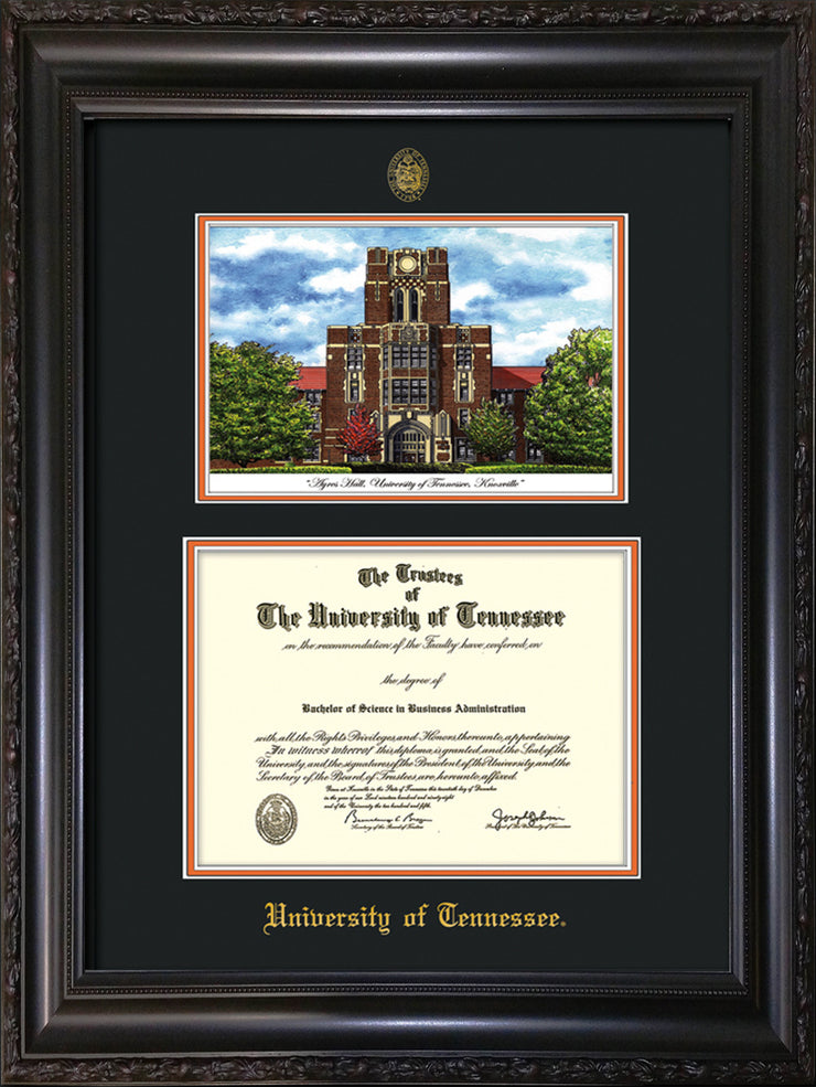 Image of University of Tennessee Diploma Frame - Vintage Black Scoop - w/Embossed UTK Seal & Name - Campus Watercolor - Black on Orange mat