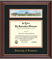 Image of University of Tennessee Diploma Frame - Cherry Lacquer - w/Embossed UTK School Name Only - Campus Collage - Black on Orange mat