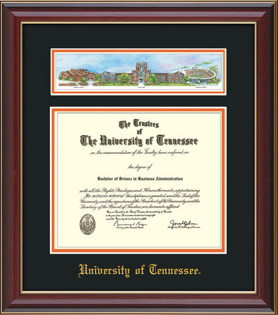 Image of University of Tennessee Diploma Frame - Cherry Lacquer - w/Embossed UTK School Name Only - Campus Collage - Black on Orange mat