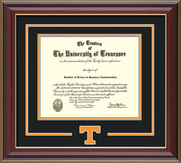 Image of University of Tennessee Diploma Frame - Cherry Lacquer - w/Laser Power T Logo Cutout - Black on Orange mat
