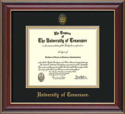 Image of University of Tennessee Diploma Frame - Cherry Lacquer - w/Embossed UTK Seal & Name - Black on Gold Mat
