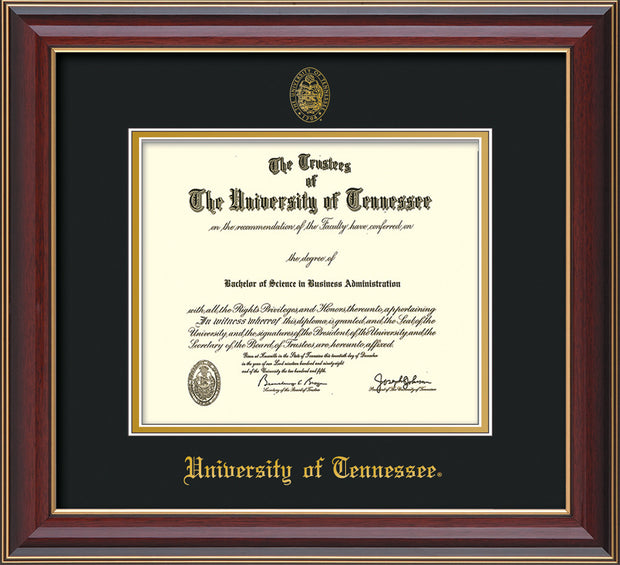 Image of University of Tennessee Diploma Frame - Cherry Lacquer - w/Embossed UTK Seal & Name - Black on Gold Mat